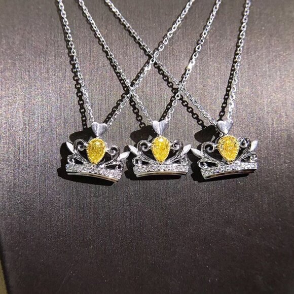 "Lovely Crown Shape Yellow Crystal Pur Pear Zircon Silver Necklace, UNVN12409 - Picture 2 of 3